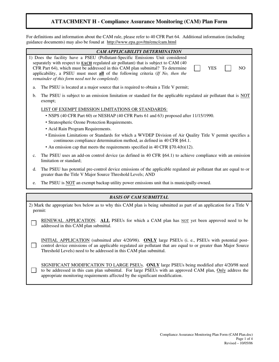 Attachment H Compliance Assurance Monitoring (Cam) Plan Form - West Virginia, Page 1