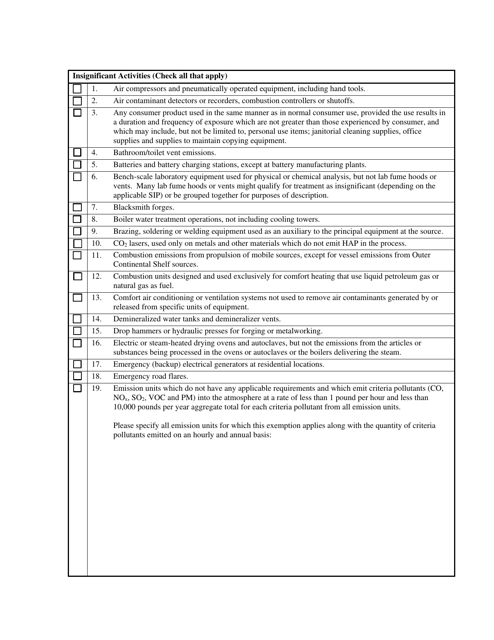 Insignificant Activities Checklist - West Virginia