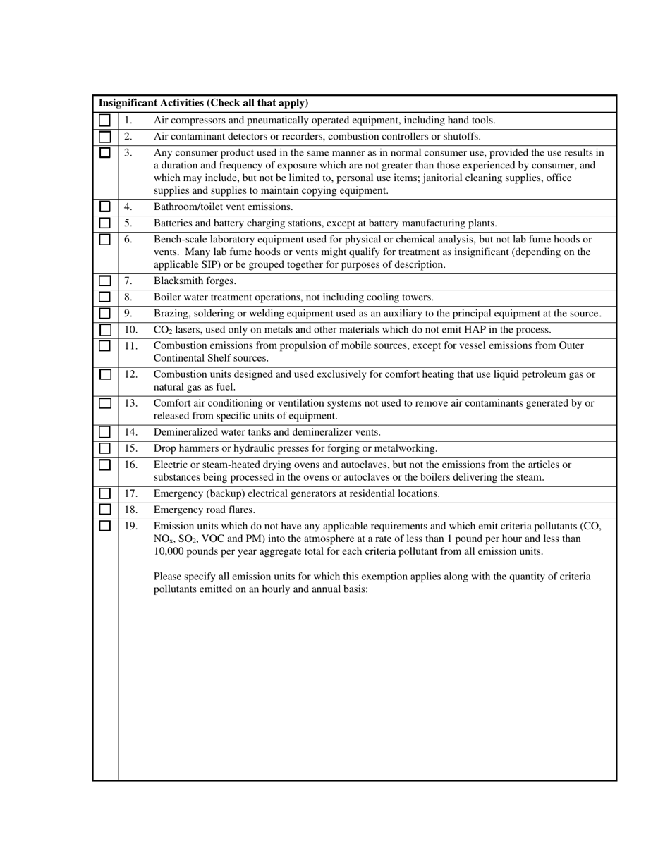 Insignificant Activities Checklist - West Virginia, Page 1