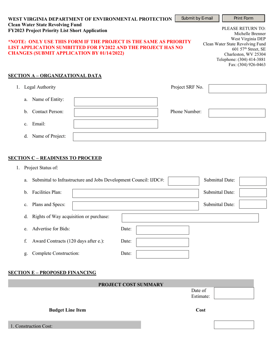 Project Priority List Short Application - Clean Water State Revolving Fund - West Virginia, Page 1