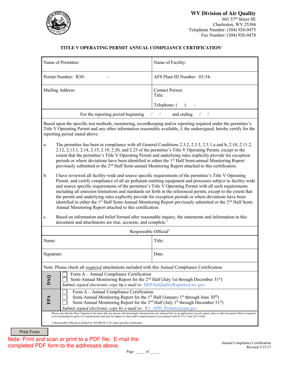 Title V Operating Permit Annual Compliance Certification - West Virginia, Page 1