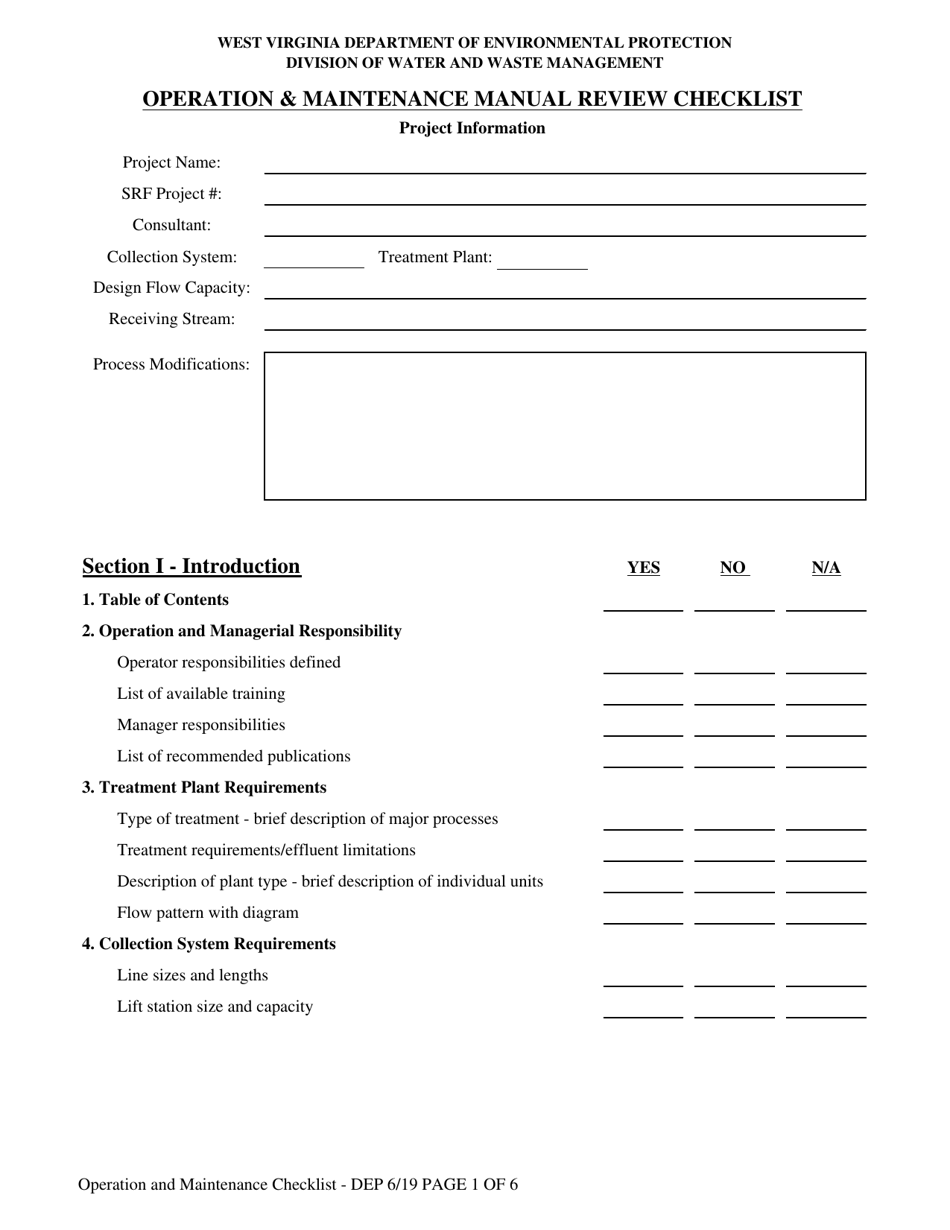 Operation and Maintenance Manual Review Checklist - West Virginia, Page 1