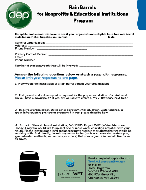 Rain Barrels for Nonprofits and Educational Institutions Program Application Form - West Virginia Download Pdf