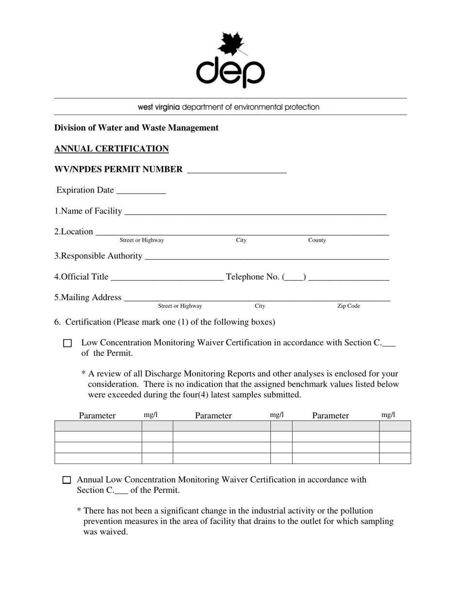 Annual Certification - West Virginia, Page 1