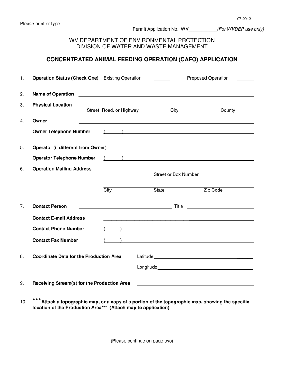West Virginia Concentrated Animal Feeding Operation (Cafo) Application