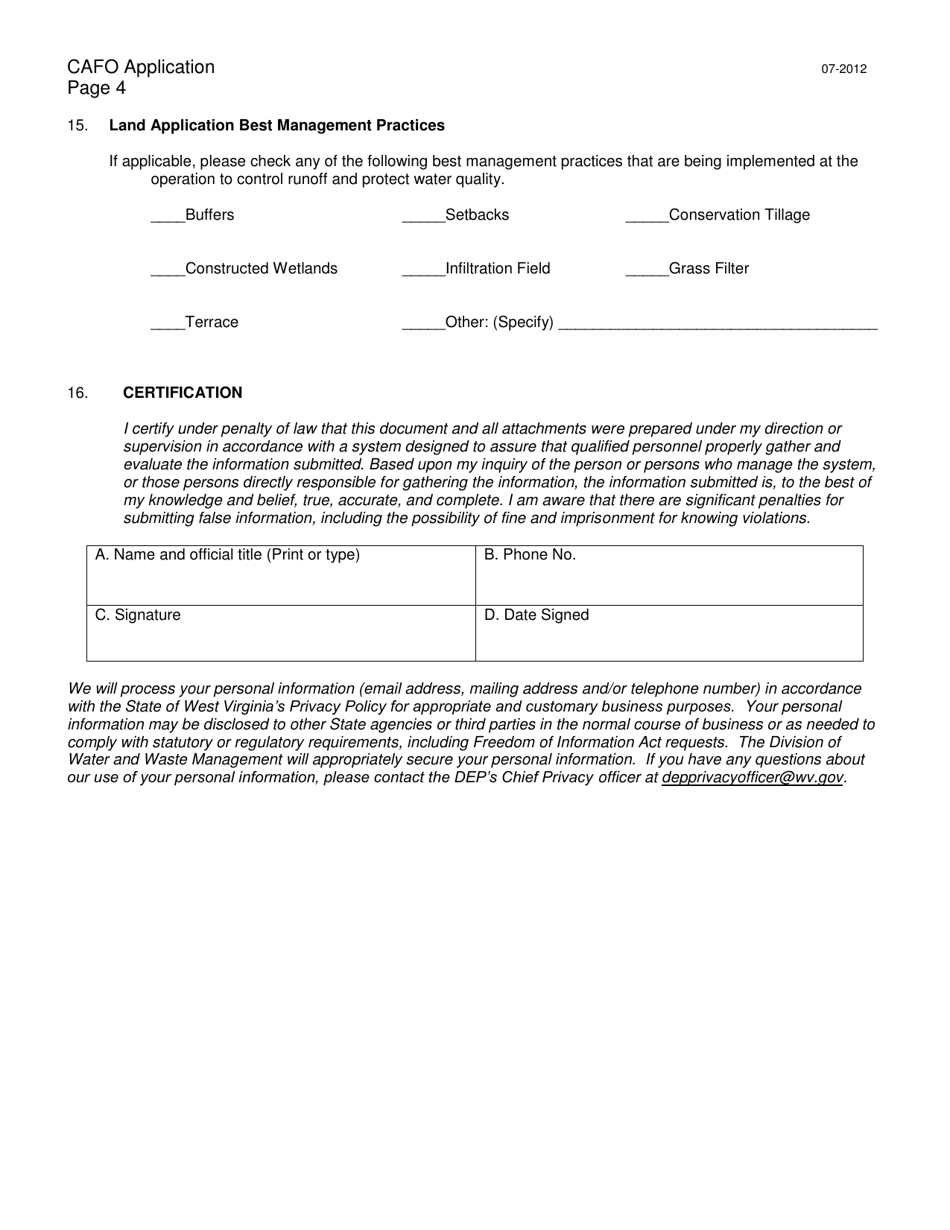 Concentrated Animal Feeding Operation (Cafo) Application - West Virginia, Page 4