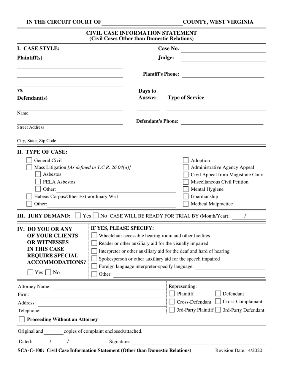 Form SCA-C-100 Civil Case Information Statement (Civil Cases Other Than Domestic Relations) - West Virginia, Page 1