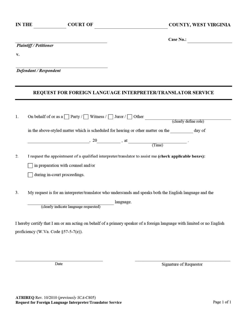 Form SCA-C805 Request for Foreign Language Interpreter / Translator Service - West Virginia, Page 1
