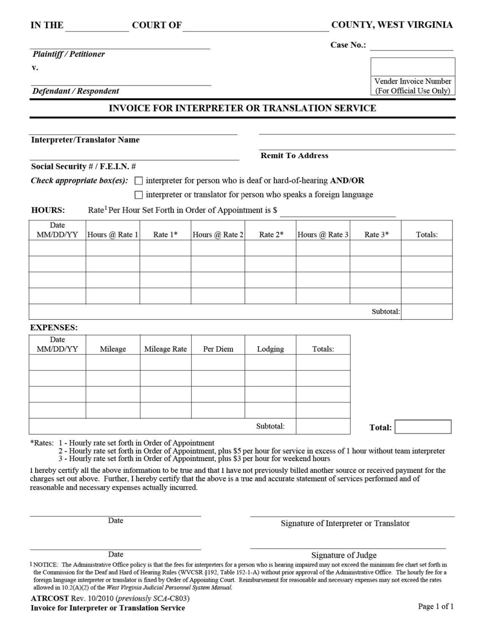 Form SCA-C803 Invoice for Interpreter or Translator Service - West Virginia, Page 1
