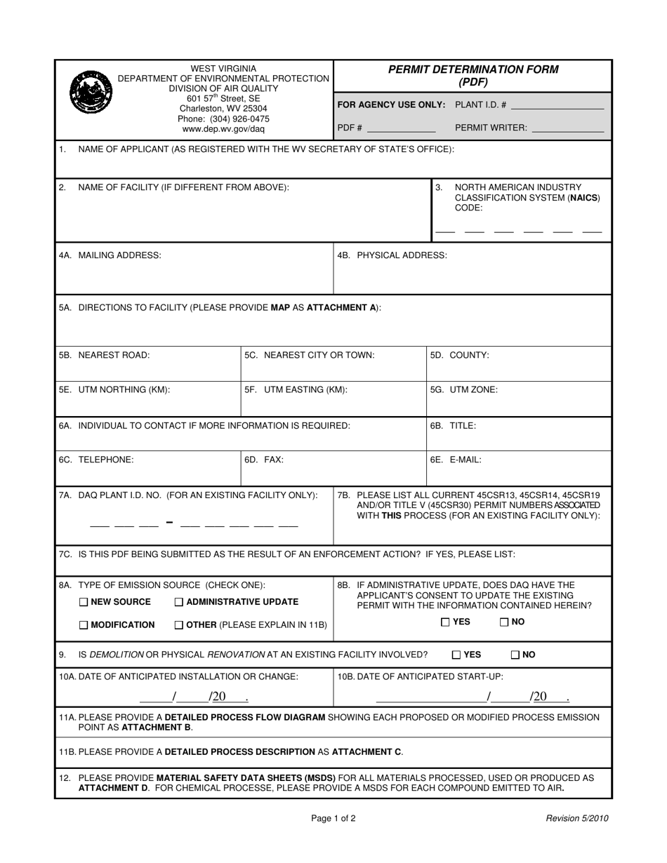 Permit Determination Form - West Virginia, Page 1