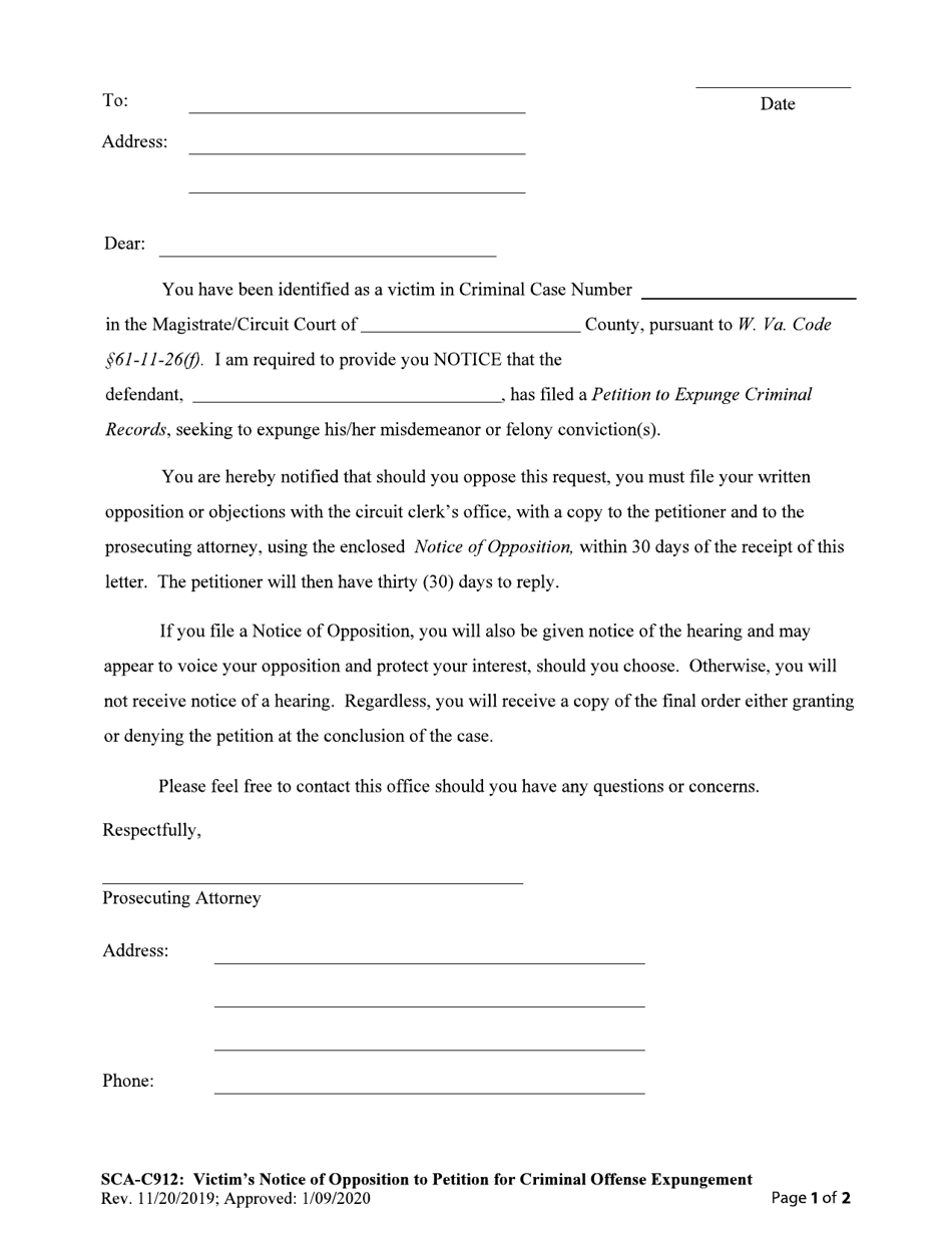 Form SCA-C912 Victims Notice of Opposition to Petition for Criminal Offense Expungement - West Virginia, Page 1