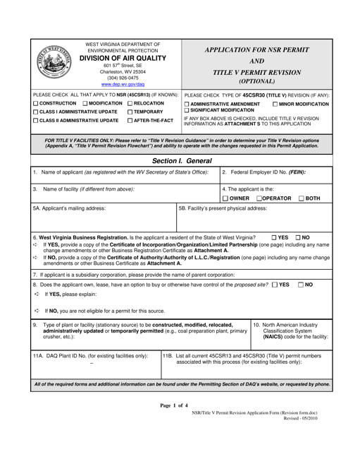 Application for Nsr Permit and Title V Permit Revision (Optional) - West Virginia Download Pdf