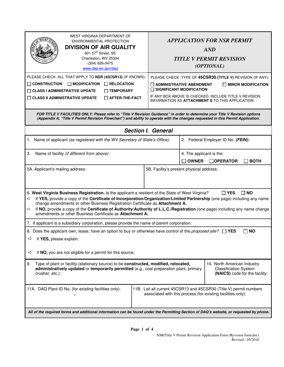 Application for Nsr Permit and Title V Permit Revision (Optional) - West Virginia, Page 1