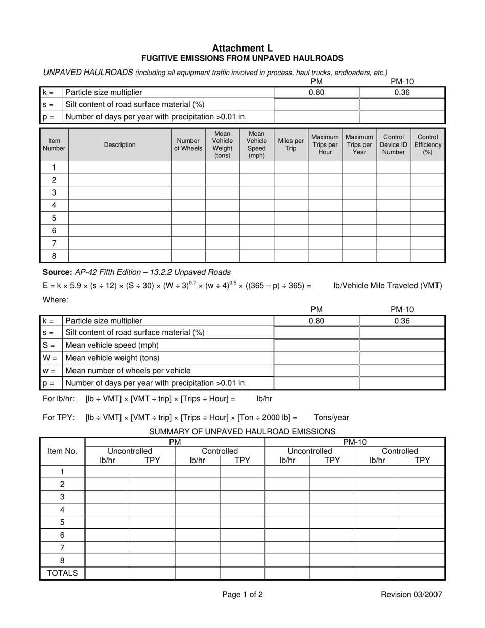 Attachment L Fugitive Emissions From Unpaved Haulroads - West Virginia, Page 1