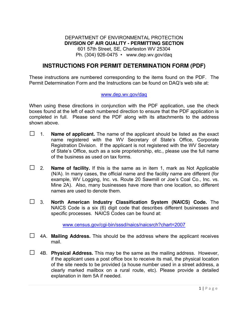 Instructions for Permit Determination Form (Pdf) - West Virginia, Page 1