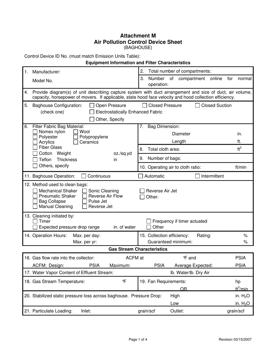 Attachment M Air Pollution Control Device Sheet (Baghouse) - West Virginia, Page 1