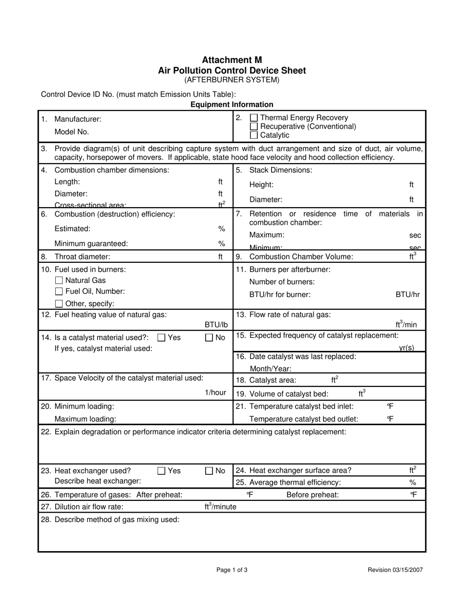 Attachment M Air Pollution Control Device Sheet (Afterburner System) - West Virginia, Page 1