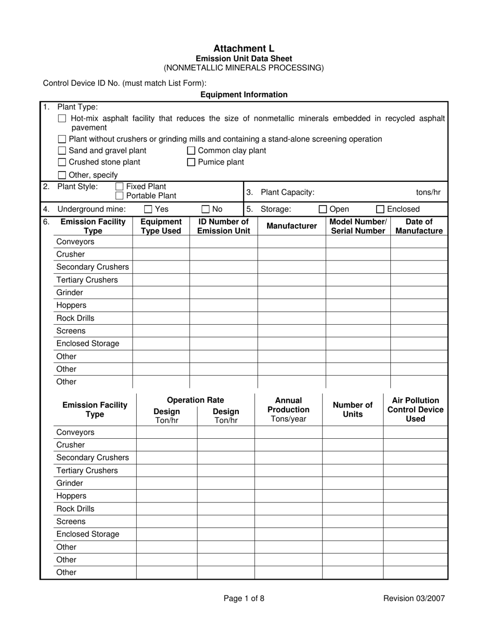 Attachment L Emission Unit Data Sheet (Nonmetallic Minerals Processing) - West Virginia, Page 1