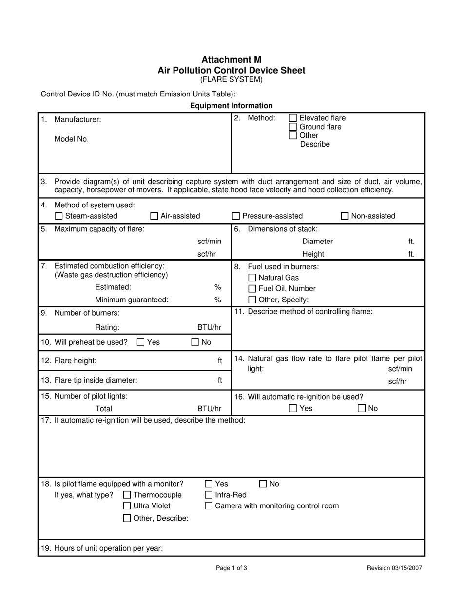 Attachment M Air Pollution Control Device Sheet (Flare System) - West Virginia, Page 1