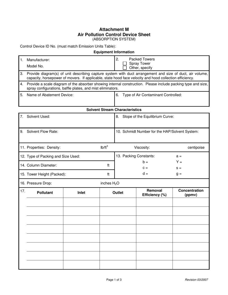 Attachment M Air Pollution Control Device Sheet (Absorption System) - West Virginia, Page 1
