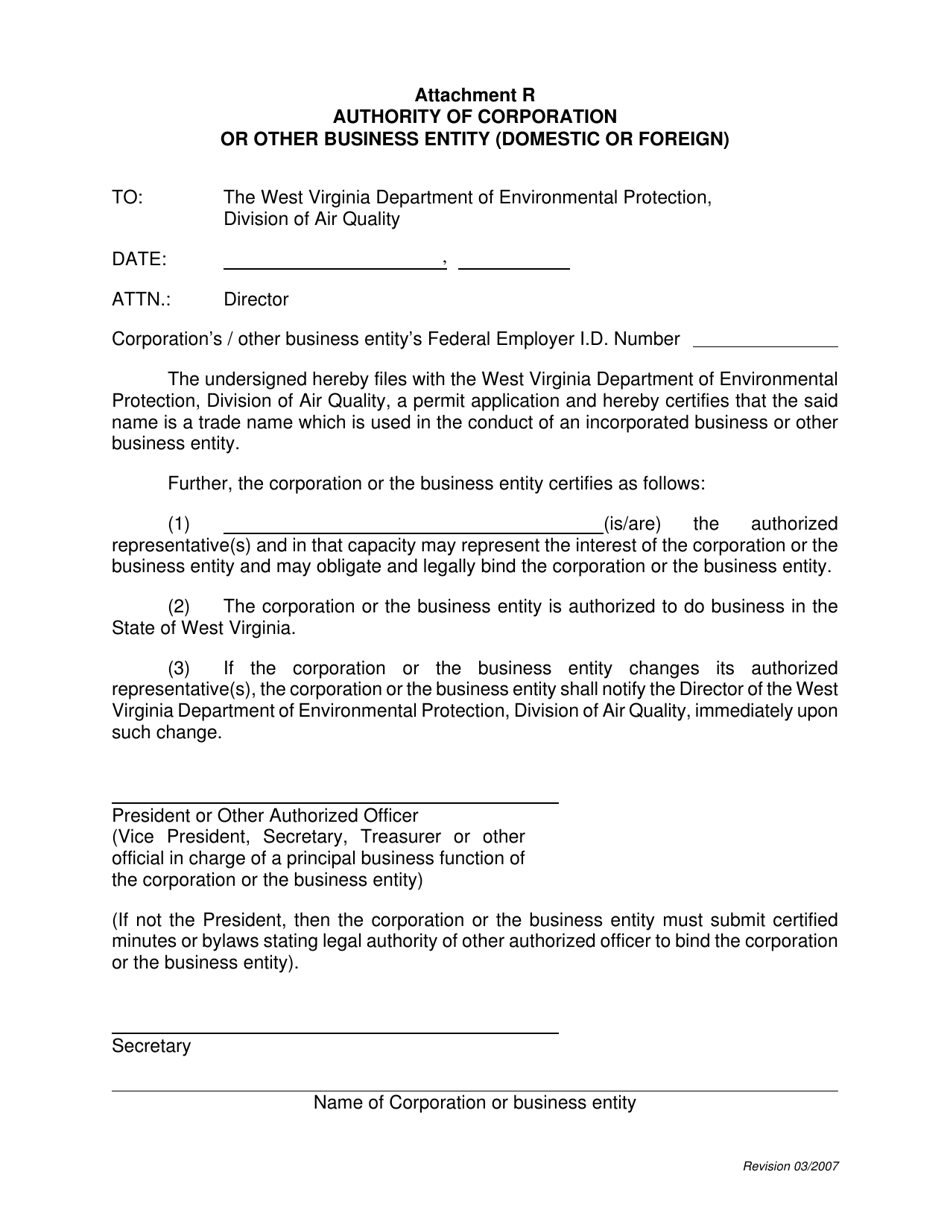 Attachment R Authority of Corporation or Other Business Entity (Domestic or Foreign) - West Virginia, Page 1
