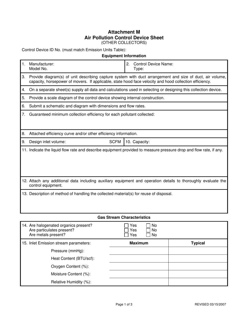 Attachment M Air Pollution Control Device Sheet (Other Collectors) - West Virginia, Page 1