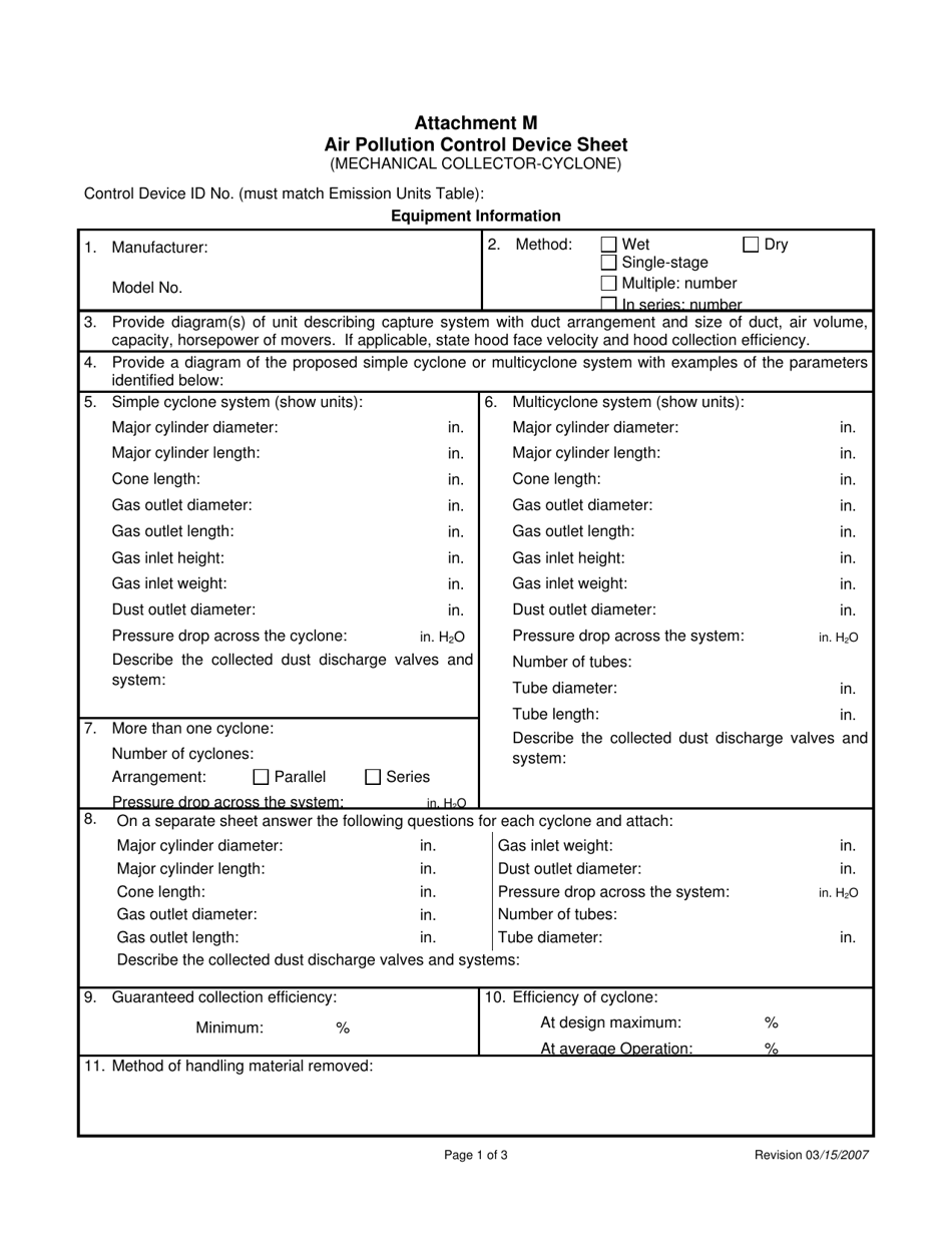 Attachment M Air Pollution Control Device Sheet (Mechanical Collector-Cyclone) - West Virginia, Page 1