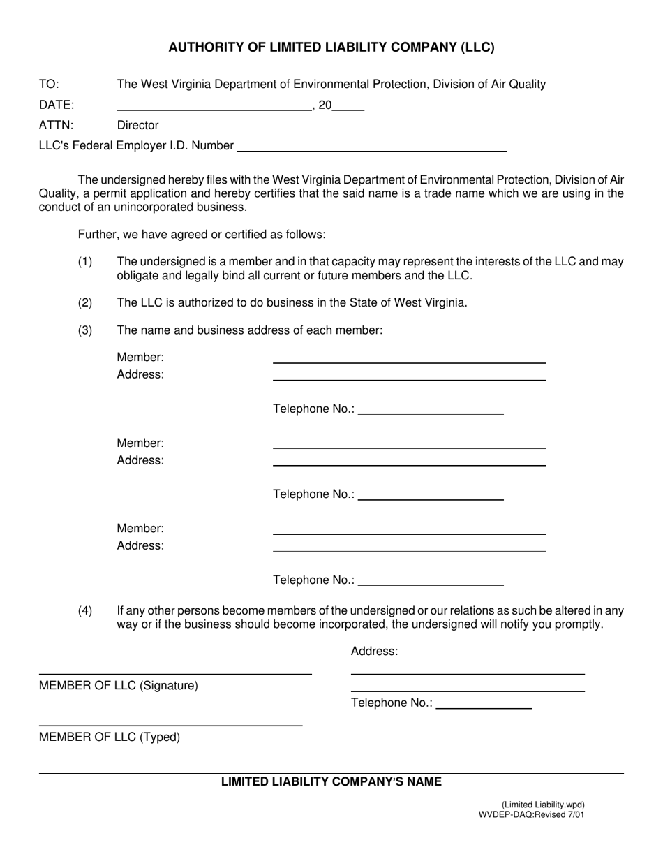 Authority of Limited Liability Company (LLC) - West Virginia, Page 1