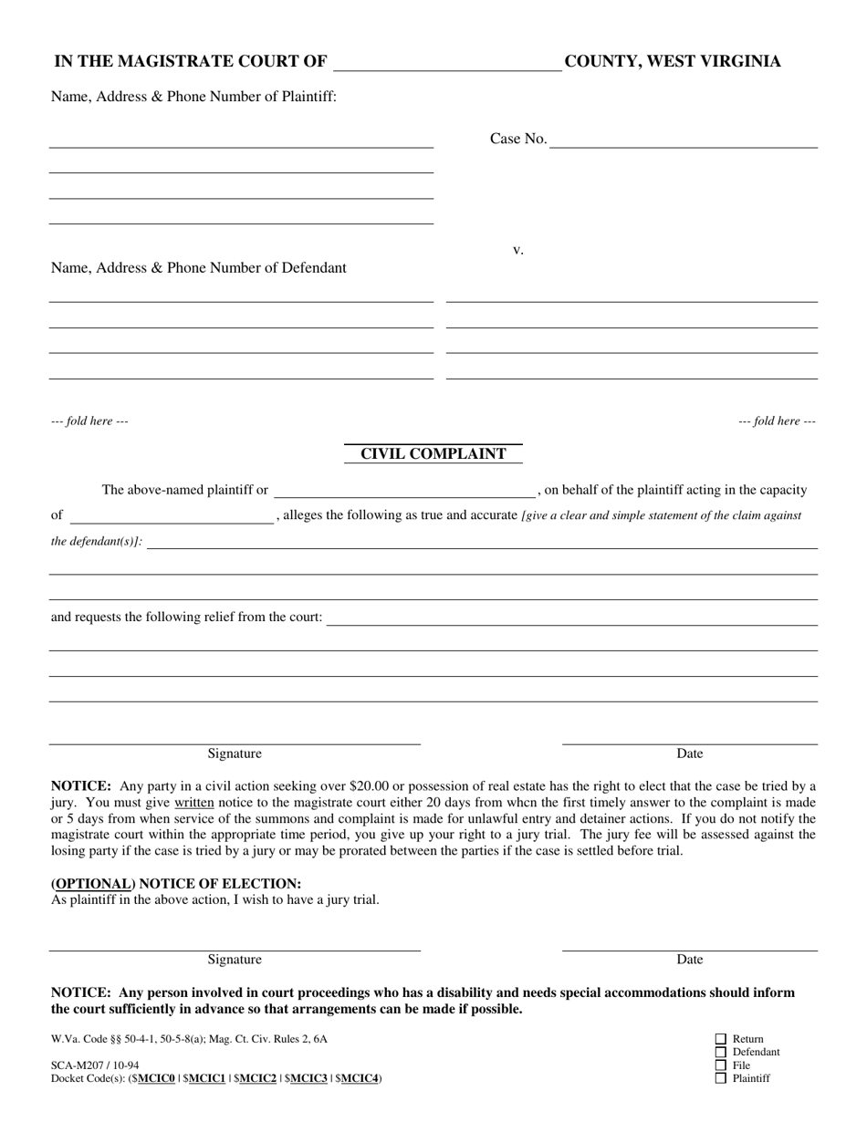 Form SCA-M207 Civil Complaint - West Virginia, Page 1