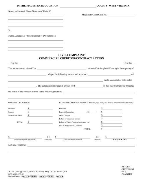 Form SCA-M208-1 Civil Complaint - Commercial Creditor/Contract Action - West Virginia
