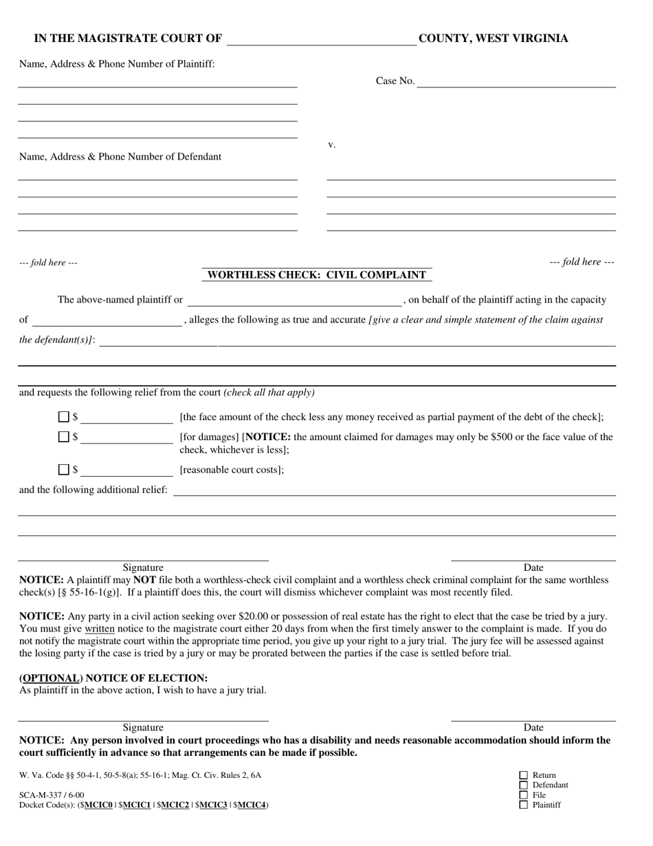 Form SCA-M-337 Worthless Check: Civil Complaint - West Virginia, Page 1