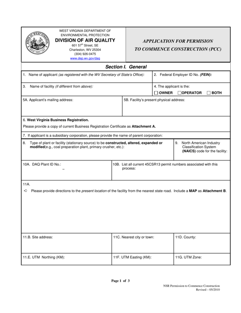 Application for Permision to Commence Construction (Pcc) - West Virginia