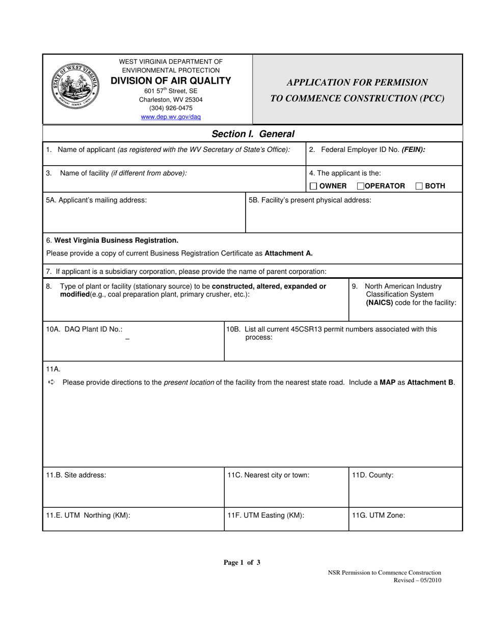 Application for Permision to Commence Construction (Pcc) - West Virginia, Page 1