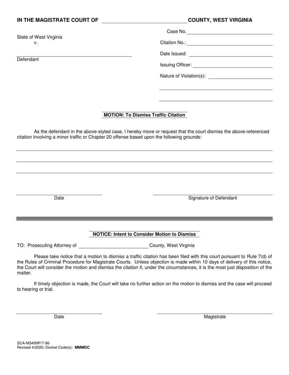 Form SCA-M340NP Motion: to Dismiss Traffic Citation - West Virginia, Page 1