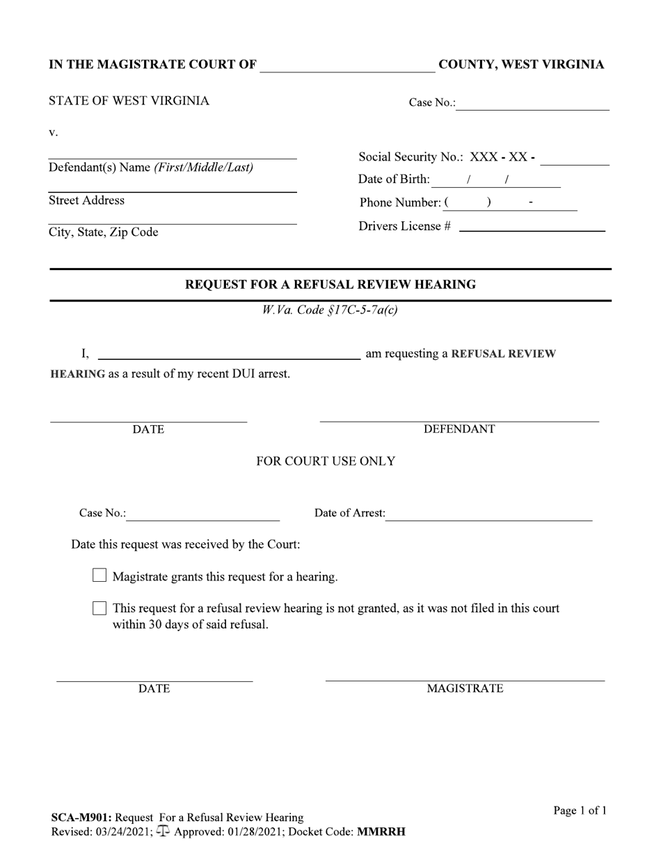 Form SCA-M901 Request for a Refusal Review Hearing - West Virginia, Page 1