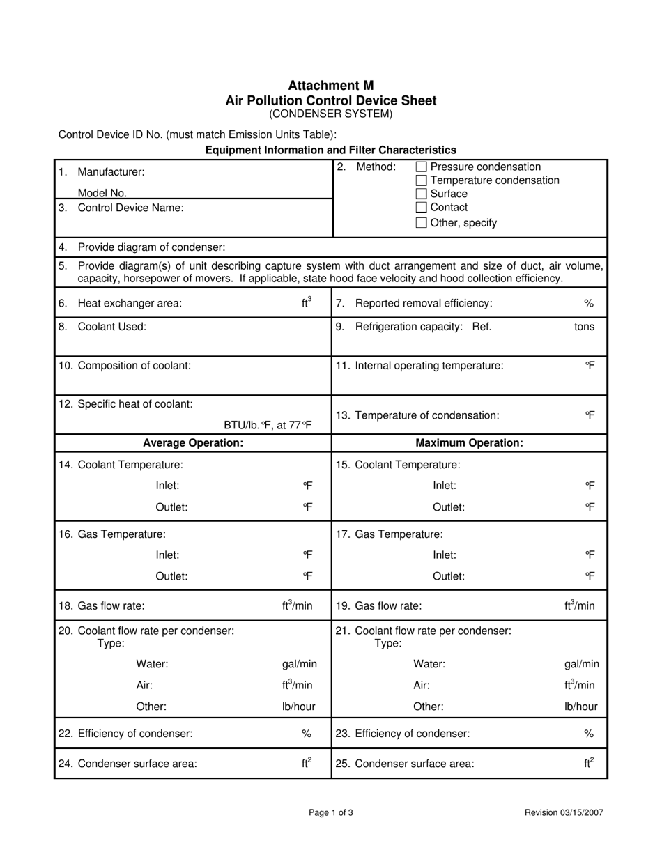 Attachment M Air Pollution Control Device Sheet (Condenser System) - West Virginia, Page 1