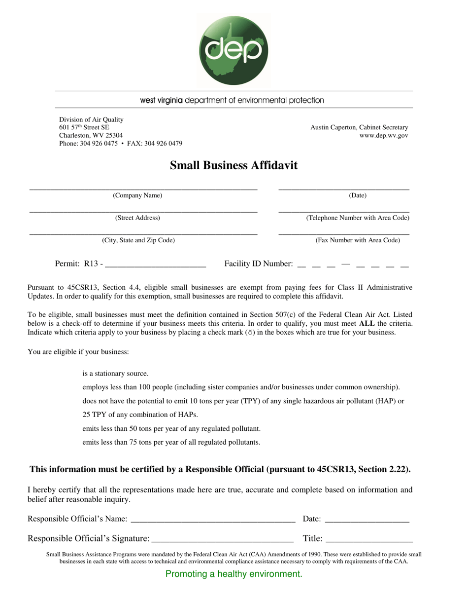 Small Business Affidavit - West Virginia, Page 1