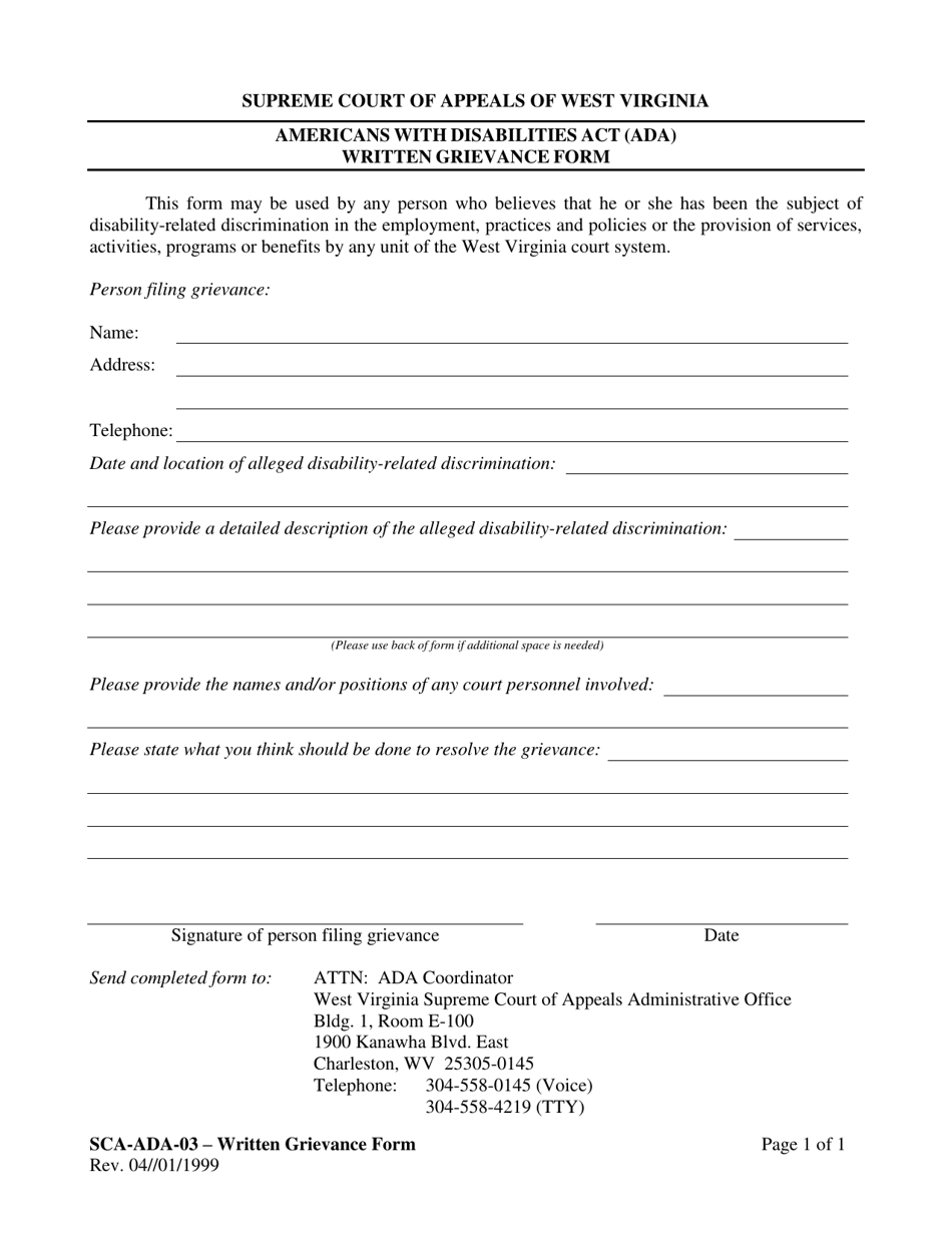 Form SCA-ADA-03 Americans With Disabilities Act (Ada) Written Grievance Form - West Virginia, Page 1