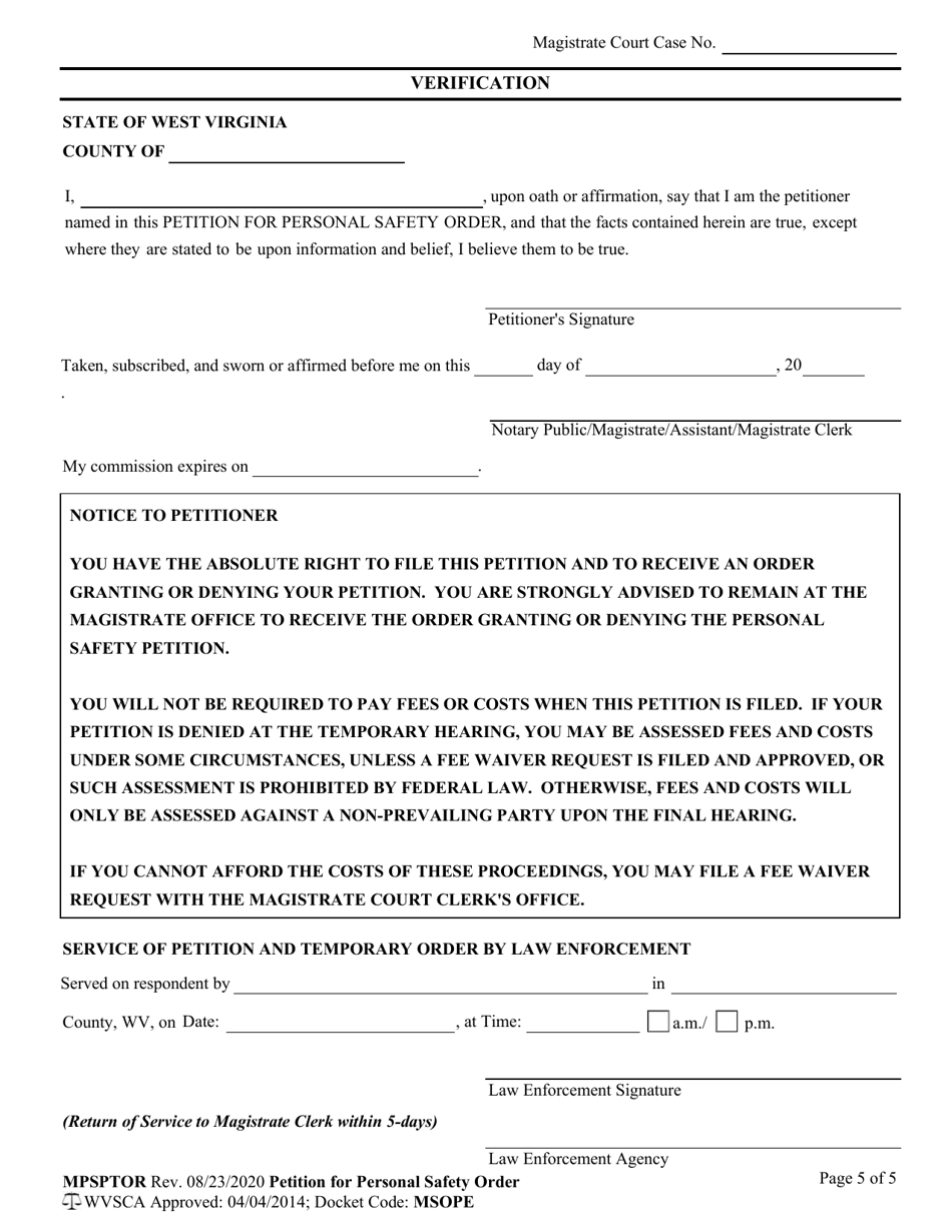 Form MPSPTOR Petition for Personal Safety Order - West Virginia, Page 5
