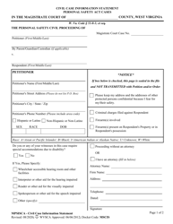 Form MPSISCA Civil Case Information Statement Personal Safety Act Cases - West Virginia