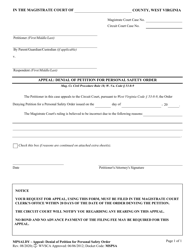 Form MPSALDY Appeal: Denial of Petition for Personal Safety Order - West Virginia