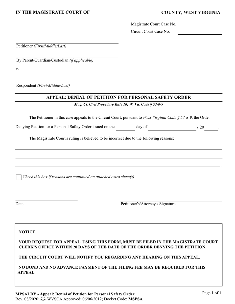 Form MPSALDY Appeal: Denial of Petition for Personal Safety Order - West Virginia, Page 1