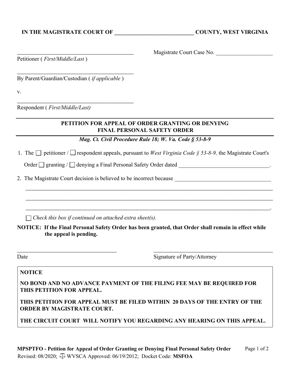 Form MPSPTFO Petition for Appeal of Order Granting or Denying Final Personal Safety Order - West Virginia, Page 1
