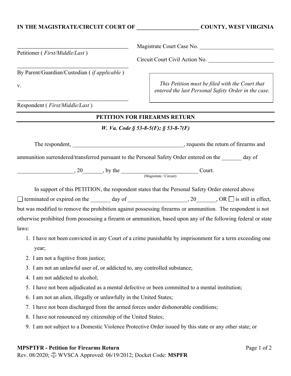 Form MPSPTFR Petition for Firearms Return - West Virginia, Page 1