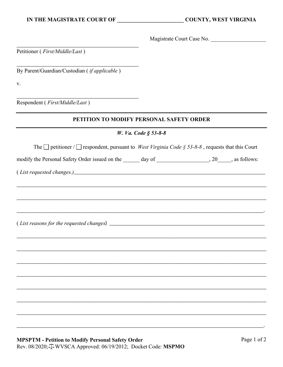 Form MPSPTM Petition to Modify Personal Safety Order - West Virginia, Page 1