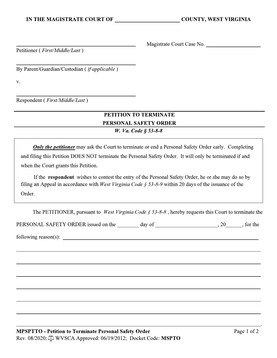 Form MPSPTTO Petition to Terminate Personal Safety Order - West Virginia, Page 1