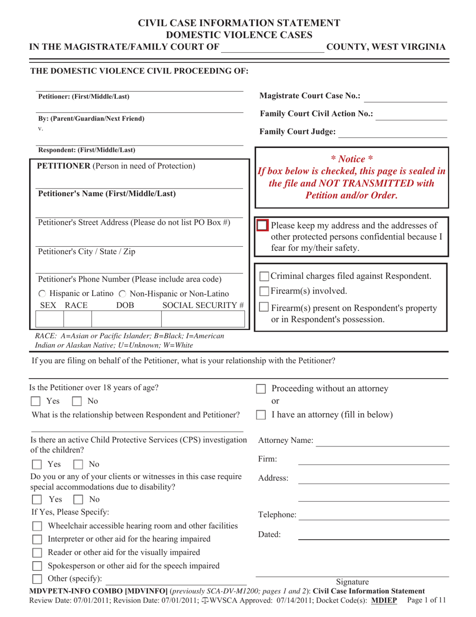 Form MDVPETN-INFO COMBO [MDVINFO] Civil Case Information Statement - Domestic Violence Cases - West Virginia, Page 1