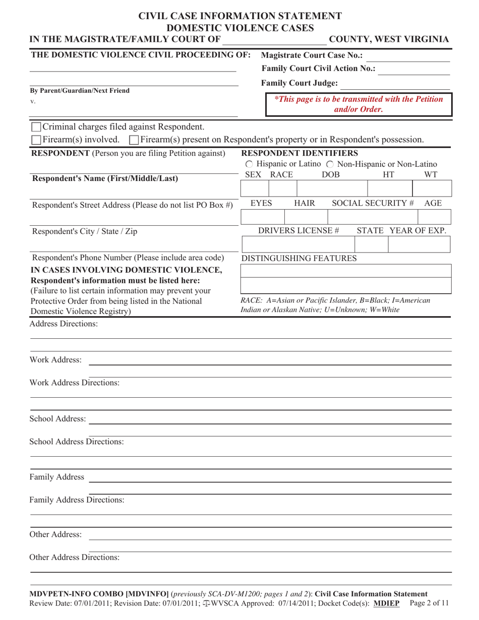 Form MDVPETN-INFO COMBO [MDVINFO] Civil Case Information Statement - Domestic Violence Cases - West Virginia, Page 2