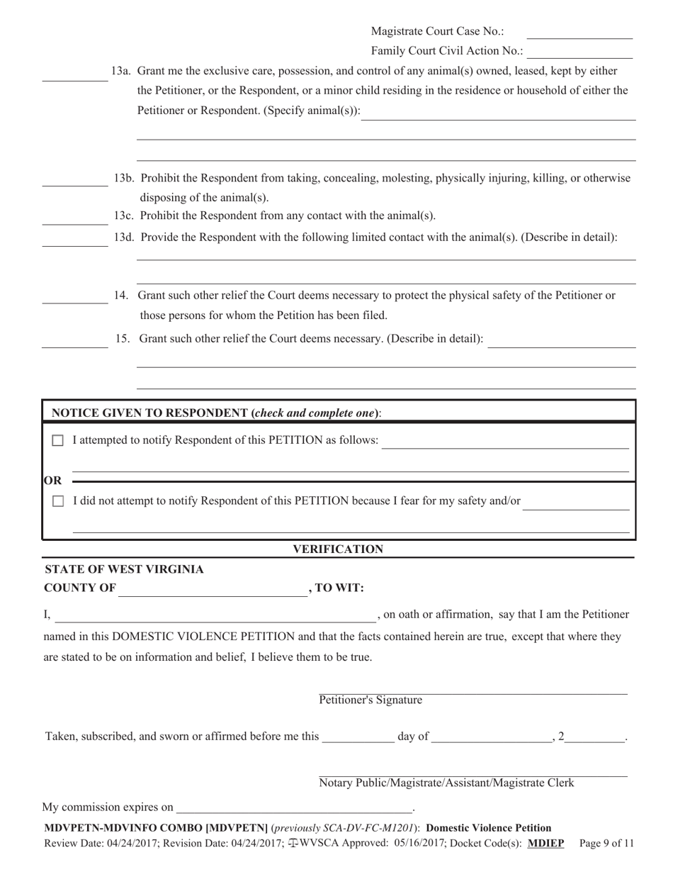 Form MDVPETN-INFO COMBO [MDVINFO] Civil Case Information Statement - Domestic Violence Cases - West Virginia, Page 9