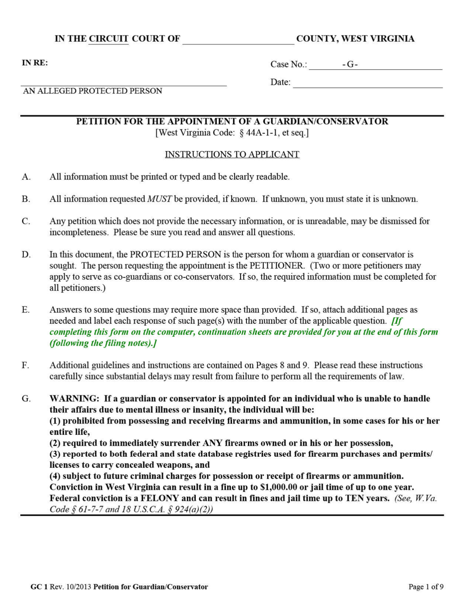 Form GC1 Petition for the Appointment of a Guardian/Conservator - West Virginia, Page 1